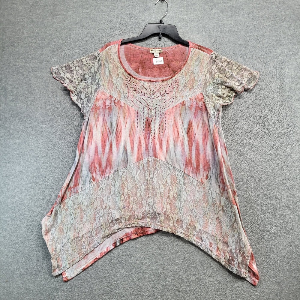 World Unity Women Top 1x Pink Tie Dye Shirt Crochet Lace Rhinestone Hippie